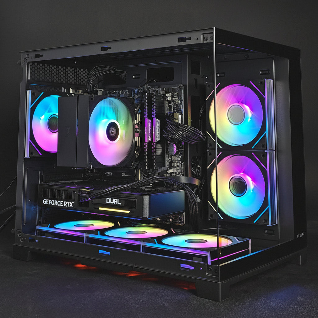 A high-end custom gaming PC inside a black glass-sided case, featuring four RGB fans with a rainbow color-changing light bar on the front, set against a dark studio background.